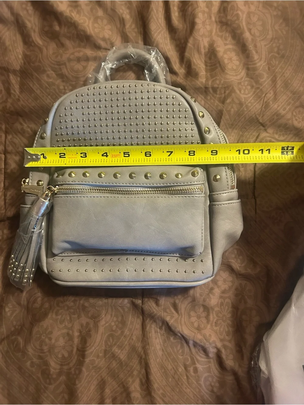 Studded Gray  Backpack with Tassel Accent